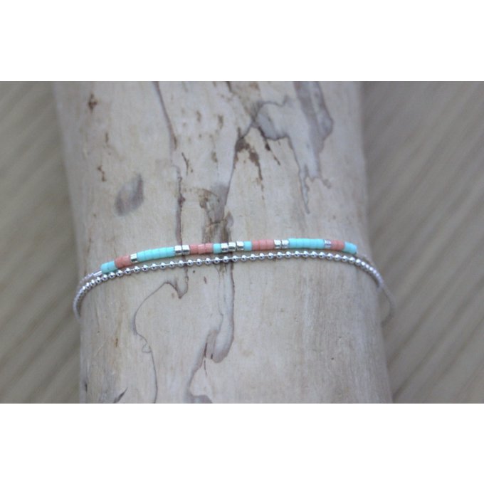 Bracelet multi-rangs en argent massif et perles Miyuki aqua et corail