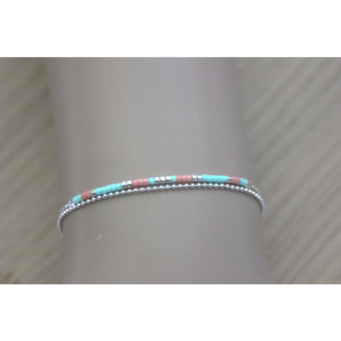 Bracelet multi-rangs en argent massif et perles Miyuki aqua et corail