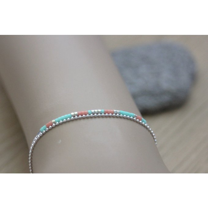 Bracelet multi-rangs en argent massif et perles Miyuki aqua et corail