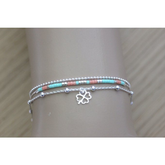 Bracelet multi-rangs en argent massif et perles Miyuki aqua et corail