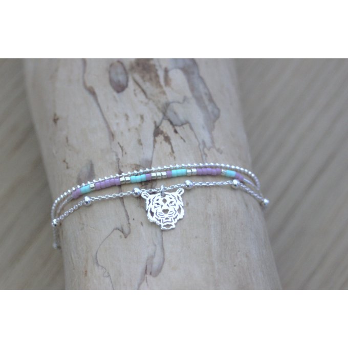 Bracelet multi-rangs en argent massif et perles Miyuki mauves et aqua