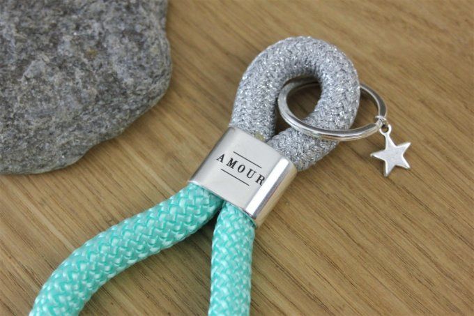 Porte clé XL argenté, vert aqua et métal plaqué argent