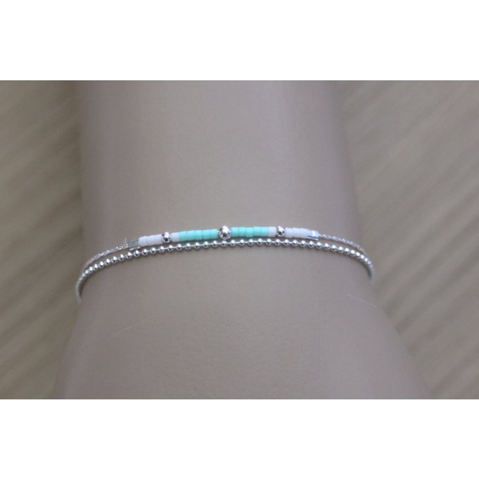 Bracelet double en argent et perles miyuki aqua