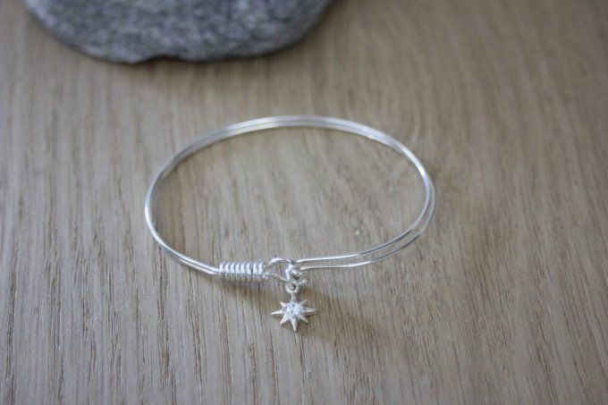 Bracelet jonc en argent massif étoile polaire et zirconium