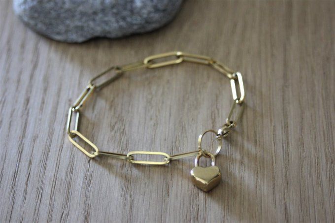 Bracelet acier inoxydable doré avec breloque cadenas coeur