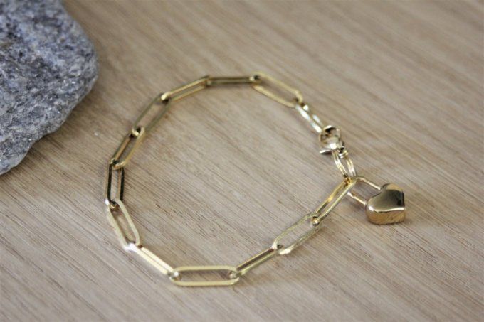 Bracelet acier inoxydable doré avec breloque cadenas coeur