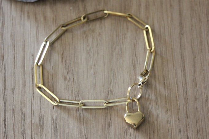 Bracelet acier inoxydable doré avec breloque cadenas coeur