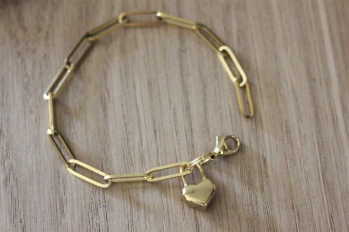 Bracelet acier inoxydable doré avec breloque cadenas coeur