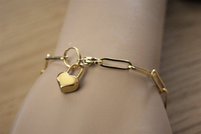 Bracelet acier inoxydable doré avec breloque cadenas coeur