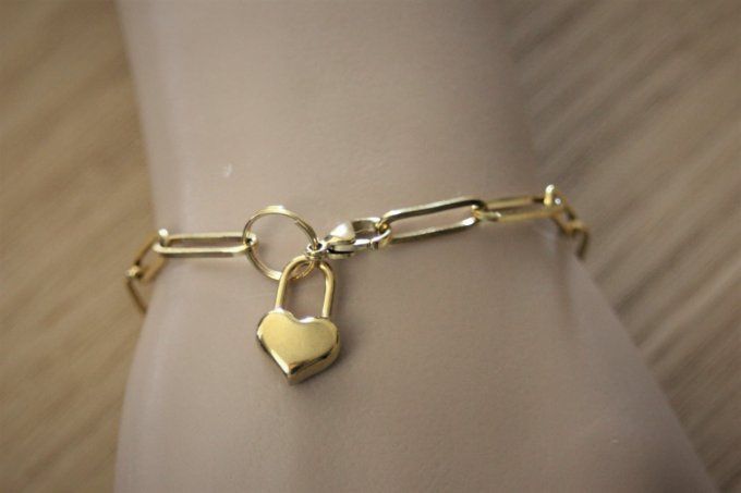 Bracelet acier inoxydable doré avec breloque cadenas coeur