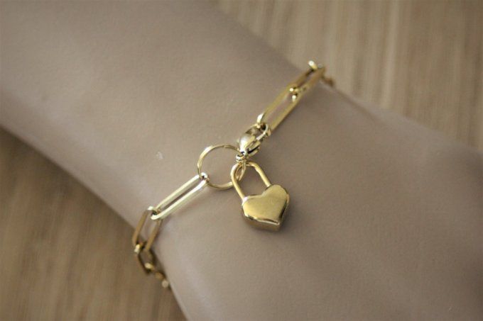 Bracelet acier inoxydable doré avec breloque cadenas coeur