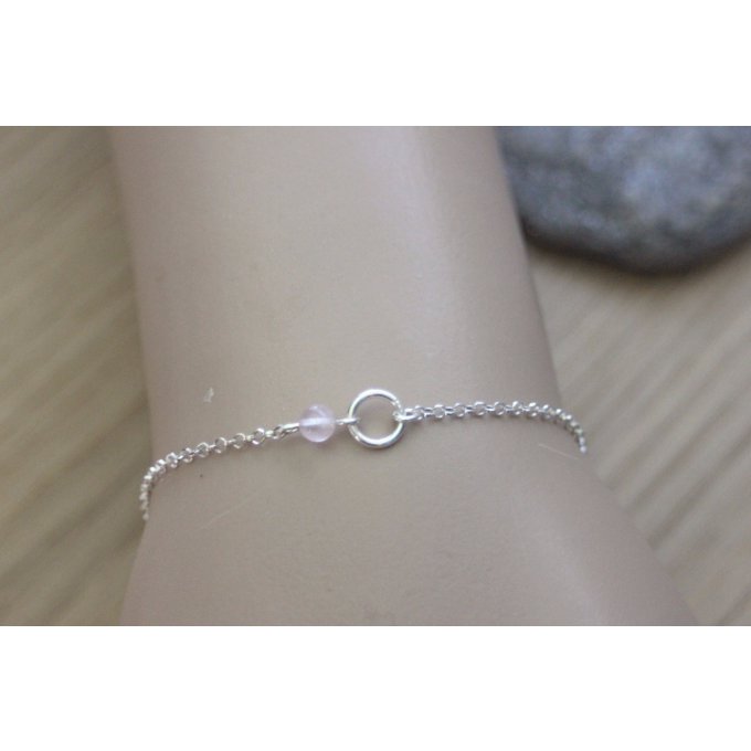 Bracelet argent massif anneau et perle quartz rose