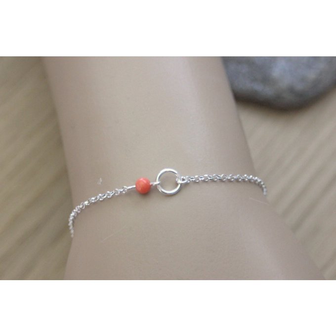 Bracelet argent massif anneau et perle corail