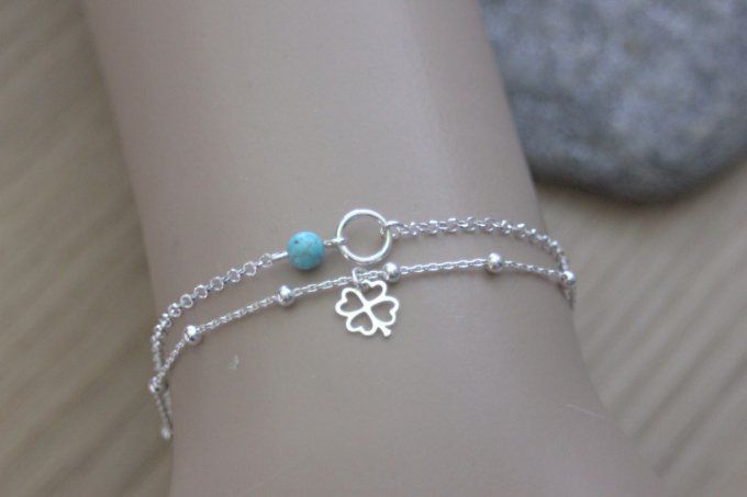 Ensemble de 2 bracelets en argent anneau, trèfle et turquoise