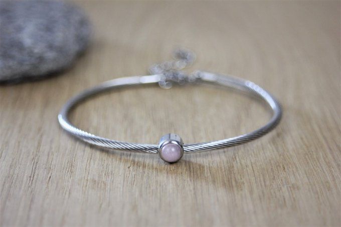 Bracelet jonc en acier inoxydable et quartz rose