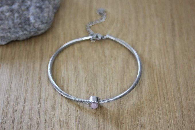 Bracelet jonc en acier inoxydable et quartz rose