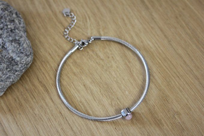 Bracelet jonc en acier inoxydable et quartz rose