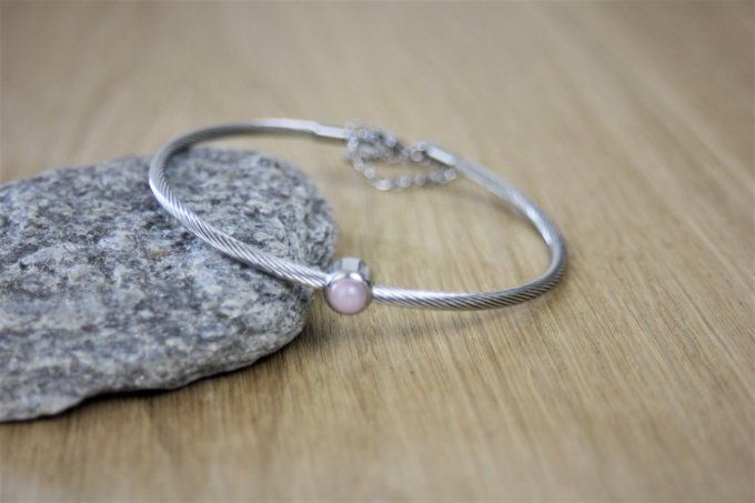 Bracelet jonc en acier inoxydable et quartz rose