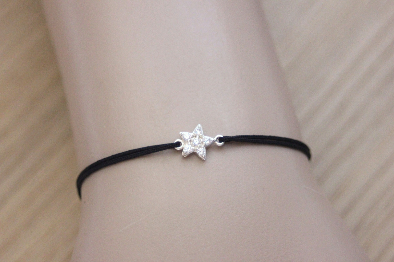 Bracelet cordon noir étoile argent massif & zircon