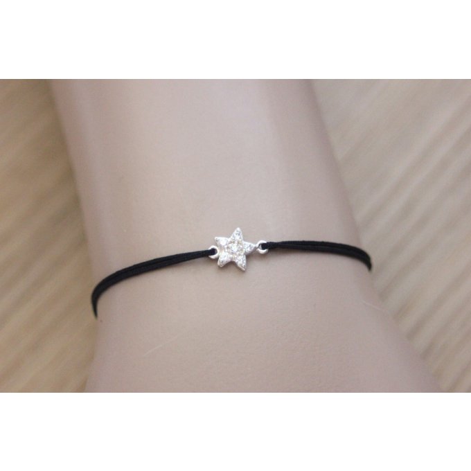 Bracelet cordon noir étoile argent massif & zircon