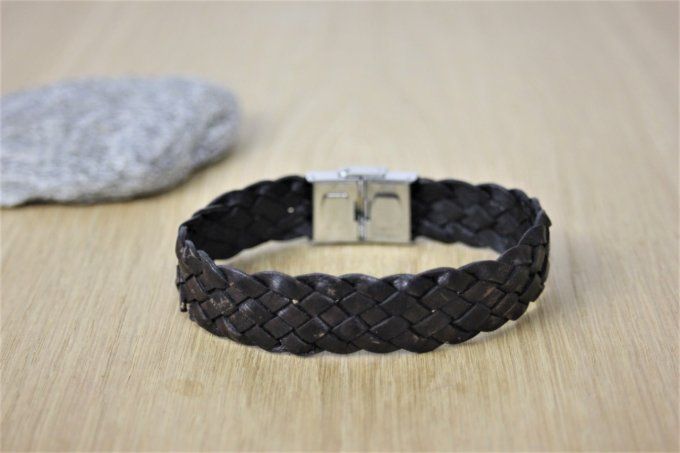 Bracelet cuir tressé marron fermoir acier 