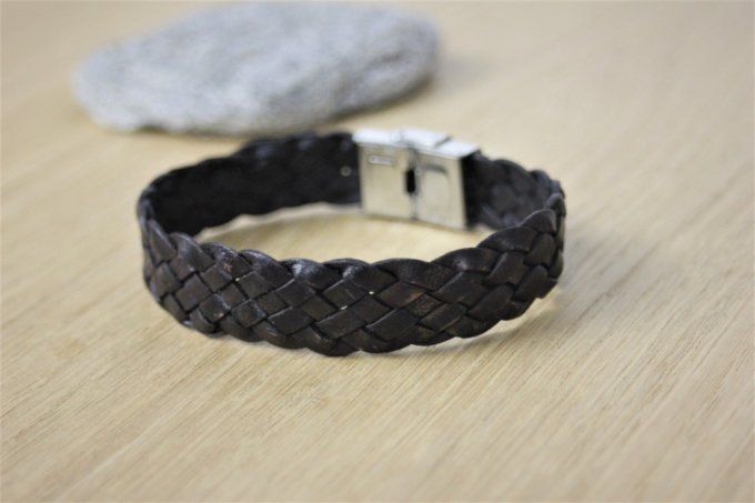 Bracelet cuir tressé marron fermoir acier 