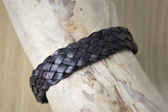 Bracelet cuir tressé marron fermoir acier 