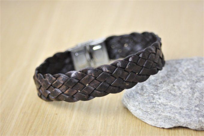 Bracelet cuir tressé marron fermoir acier 