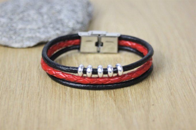 Bracelet cuir noir et cuir tressé rouge