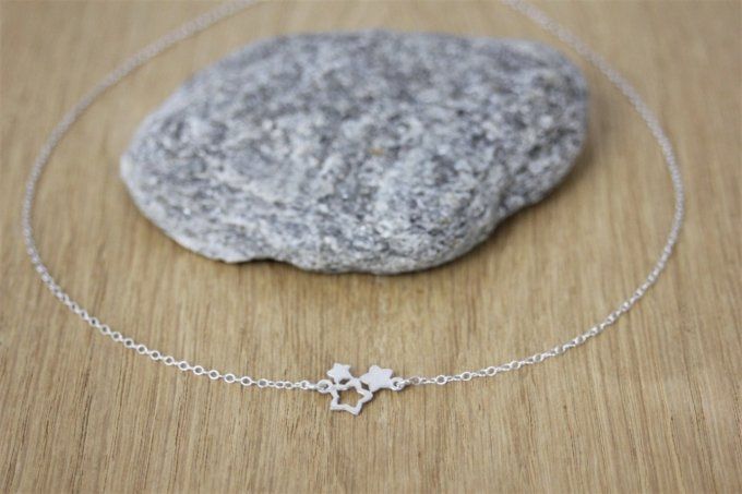 Collier ras du cou en argent massif 3 petites étoiles