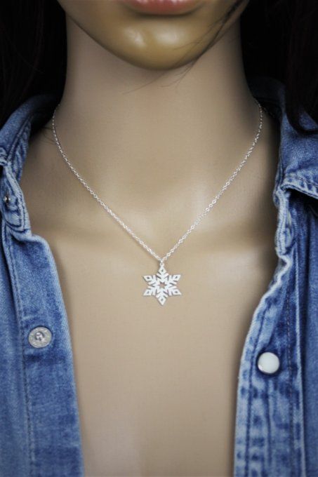 Collier argent massif pendentif flocon de neige