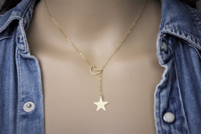 Collier cravate en or Gold Filled pendentif lune et étoile