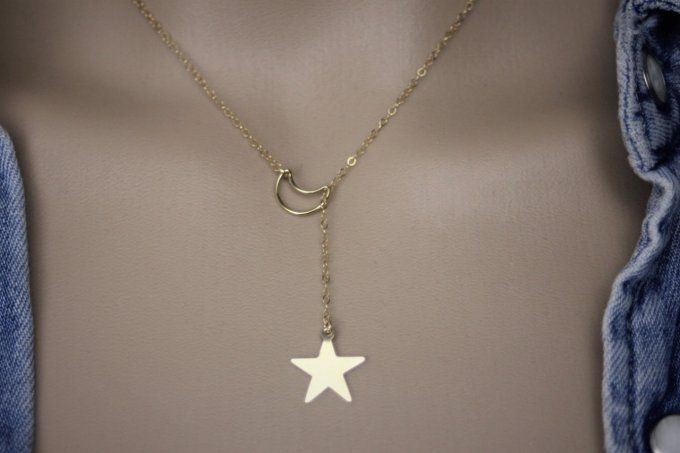 Collier cravate en or Gold Filled pendentif lune et étoile