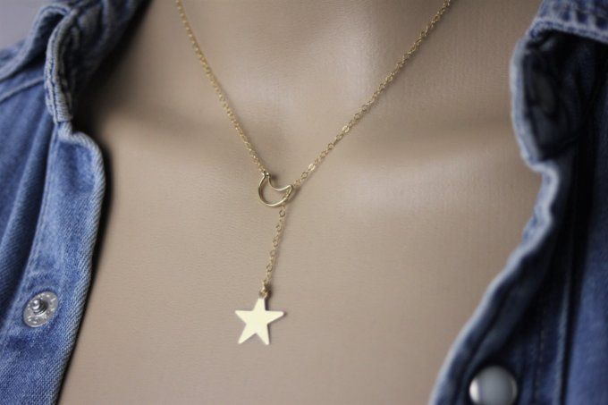 Collier cravate en or Gold Filled pendentif lune et étoile