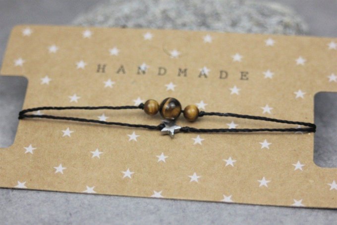 Bracelet cordon perles en oeil de tigre, étoile hématite et perles acier