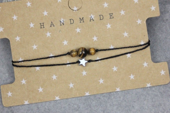 Bracelet cordon perles en oeil de tigre, étoile hématite et perles acier