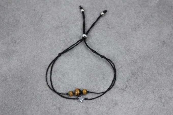 Bracelet cordon perles en oeil de tigre, étoile hématite et perles acier