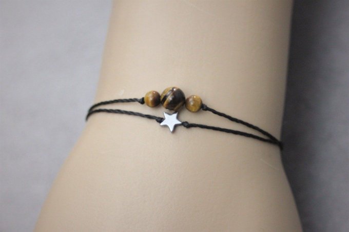 Bracelet cordon perles en oeil de tigre, étoile hématite et perles acier