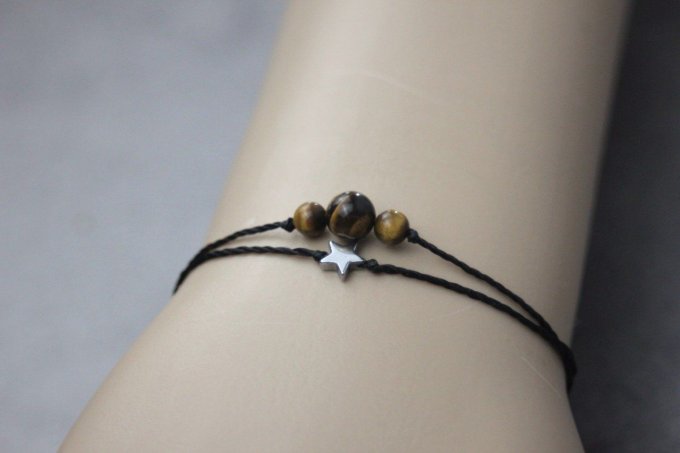 Bracelet cordon perles en oeil de tigre, étoile hématite et perles acier