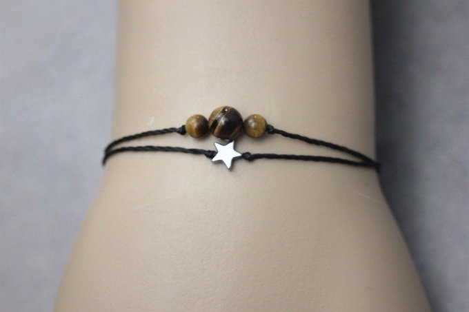 Bracelet cordon perles en oeil de tigre, étoile hématite et perles acier