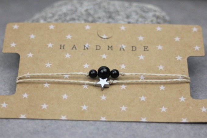 Bracelet cordon perles en onyx noir, étoile hématite et perles acier