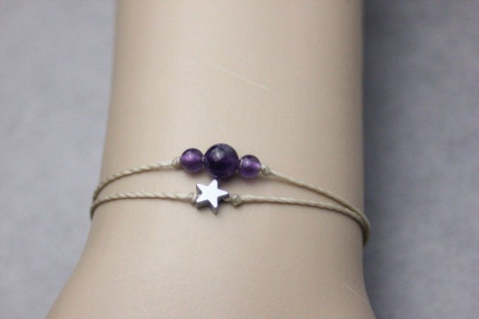 Bracelet cordon perles en améthyste, étoile hématite et perles acier
