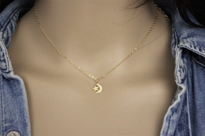 Collier pendentif étoile et lune en or Gold Filled 