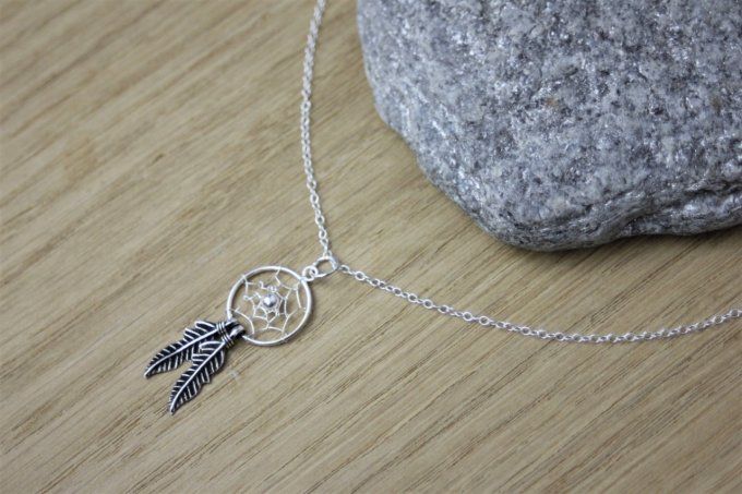 Collier attrape rêve en argent massif 925 avec 2 plumes 