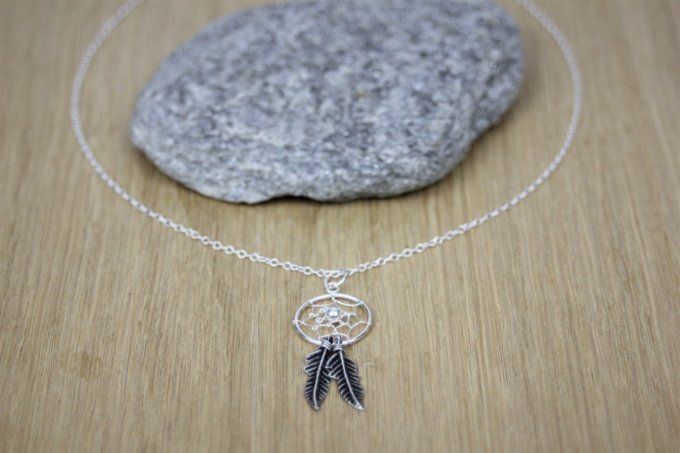 Collier attrape rêve en argent massif 925 avec 2 plumes 