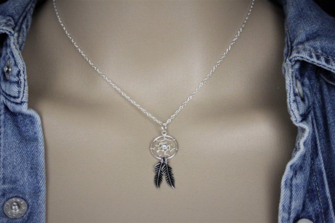 Collier attrape rêve en argent massif 925 avec 2 plumes 