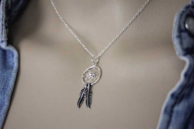 Collier attrape rêve en argent massif 925 avec 2 plumes 