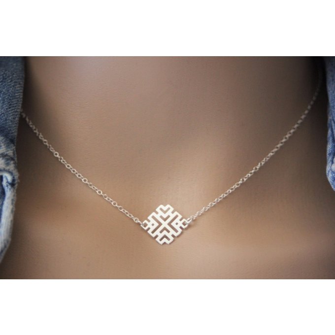 Collier argent massif pendentif ethnique géométrique