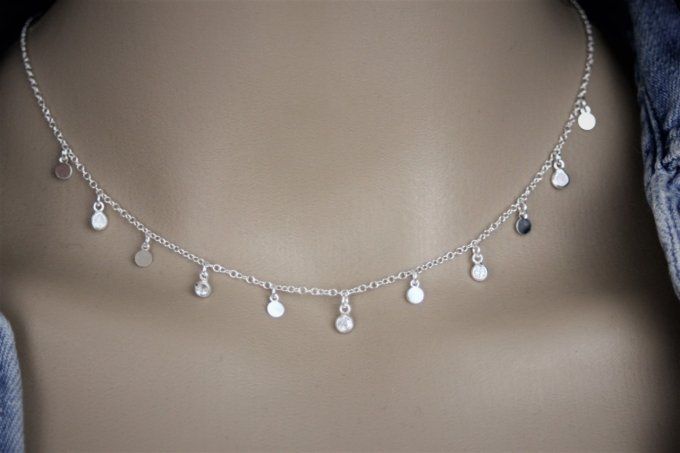 Collier argent massif petites pastilles et zircons