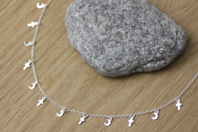 Collier argent massif petites lunes et petites croix